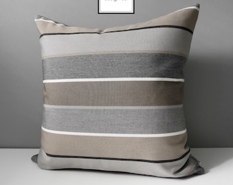 Brown & Grey Outdoor Pillow Cover, Decorative Striped Pillow Cover, Modern Taupe Sunbrella Cushion Cover, Masculine Stripes, Mazizmuse