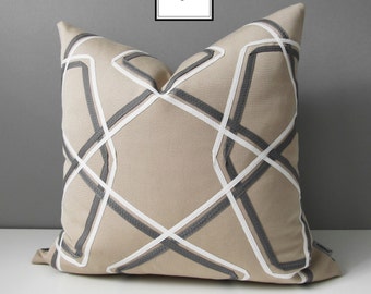 Geometric Sunbrella Pillow Cover, Modern Outdoor Pillow Cover, Decorative Grey & White Pillow Cover, Antique Beige Cushion Cover, Mazizmuse