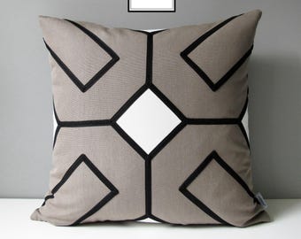 Decorative Sunbrella Pillow Cover, Taupe Black & White Throw Pillow Cover, Geometric Accent Pillow Cover, Warm Grey Cushion Cover, Mazizmuse