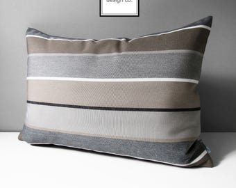 Grey & Brown Sunbrella Pillow Cover, Decorative Outdoor Pillow Cover, Modern Striped Pillow Cover, Masculine Gray and Taupe Cushion Cover