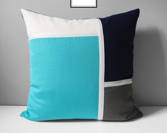 Turquoise & Navy Blue Outdoor Pillow Cover, Sunbrella Pillow Cover, Modern Pillow Case, Navy Blue White and Gray Sunbrella Cushion Cover