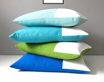 Outdoor Pillow Cover, Modern Color Block Pillow Cover, Turquoise Blue Cyan Lime Green White, Aqua Blue Decorative Sunbrella Cushion Cover