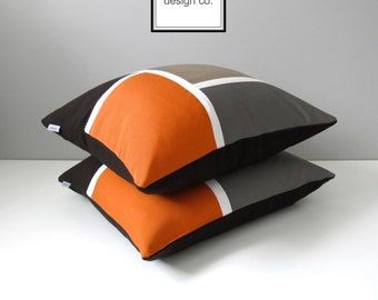 Outdoor Color Block Pillow Cover, Decorative Mid Century Modern Pillow Cover, Orange White Gray & Black, Sunbrella Cushion Cover, Mazizmuse