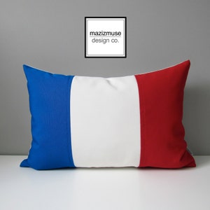 French Flag Pillow Cover, France Flag, Blue White Red, National Flag, Paris, Sunbrella Outdoor Pillow Cushion Cover, Mazizmuse 12x18 image 1