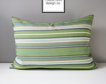 SALE - Spring Green & Grey Pillow Cover, Modern Striped Pillow Cover, Decorative Outdoor Pillow Cover, Gray Sunbrella Cushion Cover