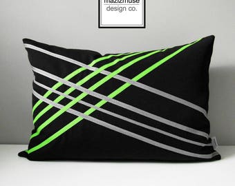 Decorative Black & White Outdoor Pillow Cover, Lime Green Pillow Cover, Geometric Pillow Cover, Sunbrella Cushion Cover, Mazizmuse