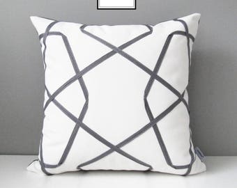 Grey & White Outdoor Pillow Cover, Decorative Pillow Cover, Geometric Pillow Cover, Gray White Sunbrella Cushion Cover, Lattice, Mazizmuse