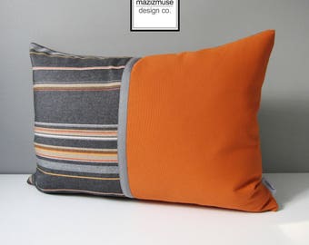 Decorative Grey & Orange Pillow Cover, Modern Outdoor Pillow Cover, Colorblock Pillow Cover, Masculine Stripes, Gray Sunbrella Cushion Cover