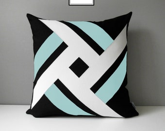 Decorative Outdoor Pillow Cover, Modern Black White & Aqua Blue Pillow Cover, Glacier Blue Sunbrella Cushion Cover, Mazizmuse Pinwheel