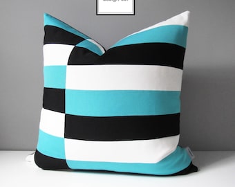 Decorative Outdoor Pillow Cover, Turquoise Blue, Black & White Throw Pillow Cover, Modern Aruba Sunbrella Cushion Cover, Mazizmuse Blocks