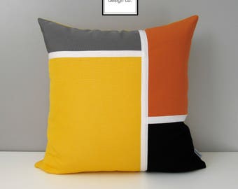 Decorative Yellow & Grey Outdoor Pillow Cover, Mid Century Modern Pillow Cover, Yellow Orange and Black Sunbrella Cushion Cover, Mazizmuse