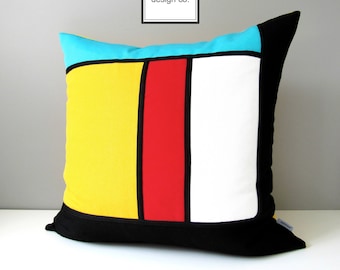 Housse de coussin extérieure moderne, housse de coussin décorative, housse de coussin Mondrian, housse de coussin Sunbrella rouge jaune bleu noir blanc, Mazizmuse