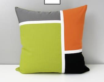 Decorative Acid Green Outdoor Pillow Cover, Mid Century Modern Pillow Cover, Grey Orange and Black Sunbrella Cushion Cover, Mazizmuse