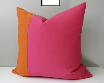 Dekorativer Outdoor-Kissenbezug, moderner Kissenbezug in Pink und Orange, Bubblegum Pink Color Block, toskanischer Sunbrella-Kissenbezug Mazizmuse