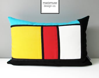 Modern Outdoor Pillow Cover, Mondrian Sunbrella Pillow Cover, Red Yellow Blue Color Block Cushion Cover, Decorative Pillow Cover, Mazizmuse