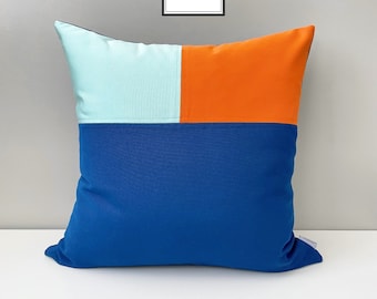 Modern Blue Colorblock Pillow Cover, Abyss & Tuscan Orange Sunbrella Cushion Cover, Decorative Pillow Cover, Glacier, Mazizmuse Color Block