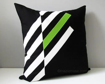 Decorative Black & White Outdoor Pillow Cover, Modern Geometric Pillow Cover, Lime Green Throw Pillow Cover, Sunbrella Cushion Cover