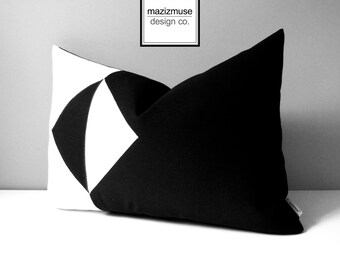 Modern Black & White Outdoor Pillow Cover, Geometric Color Block, Decorative Sunbrella Cushion Cover, Mid Century Modern, Mazizmuse Eclipse