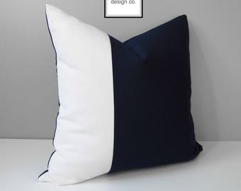 Navy Blue & White Color Block Pillow Cover, Decorative Outdoor Pillow Cover, Modern Pillow Cover, Nautical Sunbrella Cushion Cover Mazizmuse