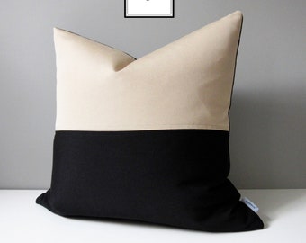 Modern Black & Beige Outdoor Pillow Cover, Decorative Color Block Pillow Cover, Black and Antique Beige Sunbrella Cushion Cover, Mazizmuse