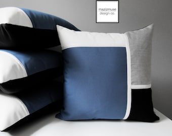 Decorative Blue & Grey Outdoor Pillow Cover, Modern Color Block Pillow Cover, Sapphire Blue Black White Sunbrella Cushion Cover, Mazizmuse