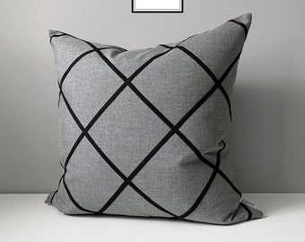 Decorative Grey & Black Outdoor Pillow Cover, Geometric Pillow Cover, Modern Slate Cast Sunbrella Cushion Cover, Gridlock, Mazizmuse