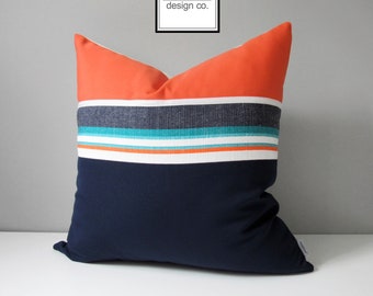 PAIR of Navy Blue Outdoor Pillow Covers, TWO Modern Sunbrella Pillow Covers, Decorative Blue Melon Orange Colorblock Cushion Covers