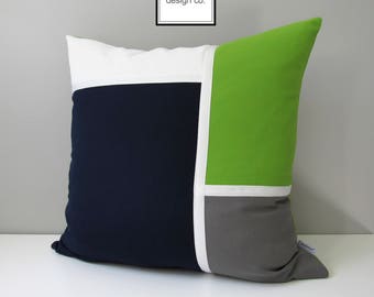 Decorative Navy Blue & Lime Green Outdoor Pillow Cover, Modern Sunbrella Pillow Cover, Color Block Pillow Cover, White Grey Cushion Cover