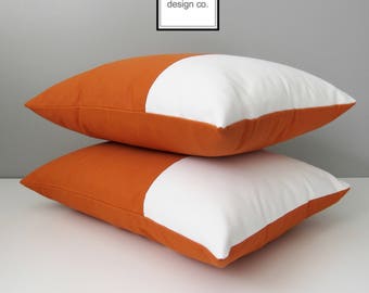 Modern Orange Outdoor Pillow Cover, Decorative Color Block Pillow Cover, Tuscan Orange & White Sunbrella Cushion Cover, Mazizmuse