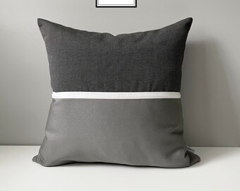 Decorative Sunbrella Pillow Cover, Grey & Coal Black Outdoor Pillow Cover, Modern Pillow Cover, Black Grey Outdoor Cushion Cover, Mazizmuse