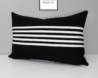 Decorative Black & White Outdoor Pillow Cover, Modern Striped Pillow Cover, Sunbrella Cushion Cover, Mazizmuse Stripe, Aligned