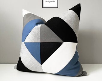 Geometric Outdoor Pillow Cover, Decorative Pillow Cover, Modern Sapphire Blue & Grey Sunbrella Cushion Cover, Black White, Mazizmuse Tile