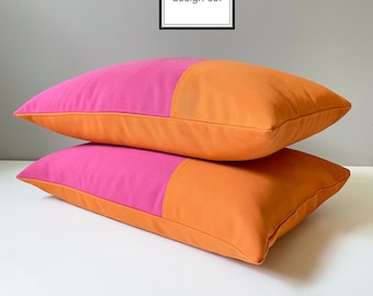 Decorative Outdoor Pillow Cover, Pink & Orange Color Block, Modern Bubblegum Pink Tuscan Sunbrella, Accent Cushion Cover, Mazizmuse