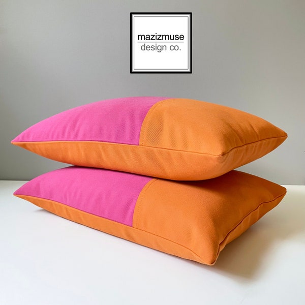 Decorative Outdoor Pillow Cover, Pink & Orange Color Block, Modern Bubblegum Pink Tuscan Sunbrella, Accent Cushion Cover, Mazizmuse