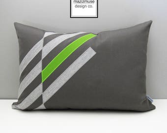 Decorative Green & Grey Outdoor Pillow Cover, Modern Sunbrella Pillow Cover, Geometric Pillow Cover, Lime and Gray Cushion Cover, Mazizmuse