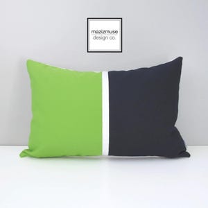 Decorative Lime Green & Navy Blue Outdoor Sunbrella® Pillow Cover in Color Block Design for Pool and Patio, Scatter Cushions by Mazizmuse