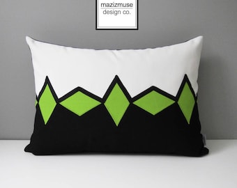 Modern Outdoor Pillow Cover, Geometric Lime Green & Black Pillow Cover, Decorative Macaw Sunbrella Cushion Cover, Mazizmuse Design, Rhombus