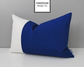 Decorative Blue & White Outdoor Pillow Cover, Modern Color Block Pillow Cover, Royal Blue Pillow Cover, True Blue Sunbrella Cushion Cover