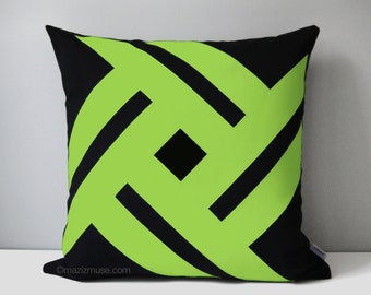 Modern Sunbrella Pillow Cover, Decorative Black & Lime Green Pillow Cover, Geometric Macaw Green Sunbrella Cushion Cover, Mazizmuse Pinwheel