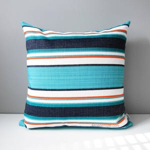 Striped Sunbrella Outdoor Pillow Cover with Turquoise, Navy Blue and Melon Stripes for Patio & Pool Loungers, Token Cushion Cover, Mazizmuse