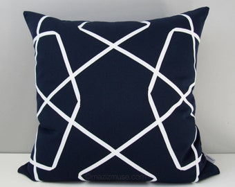 Decorative NAVY Blue & White Outdoor Pillow Cover, Geometric Pillow Cover, Modern Pillow Cover, Nautical Sunbrella Cushion Cover, Mazizmuse