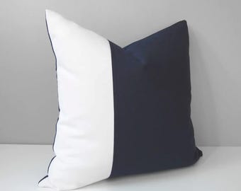 Decorative Navy Blue & White Sunbrella® Outdoor Pillow Cover in Modern Color Block, Nautical Cushions for Boat, Porch or Patio by Mazizmuse