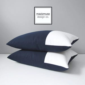 Navy Blue & White Outdoor Sunbrella® Pillow Cover in Modern Color Block, Blue and White Nautical Cushions for Boat, Pool / Patio, Mazizmuse