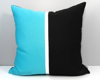 Black & Blue Outdoor Pillow Cover, Decorative Turquoise Pillow Cover, Black White Aruba Blue Modern Sunbrella Cushion Cover, Mazizmuse