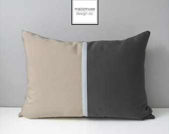 Grey Color Block Pillow Cover, Decorative Pillow Cover, Modern Sunbrella Pillow Case, Masculine Beige & Gray Throw Pillow Case Cushion Cover
