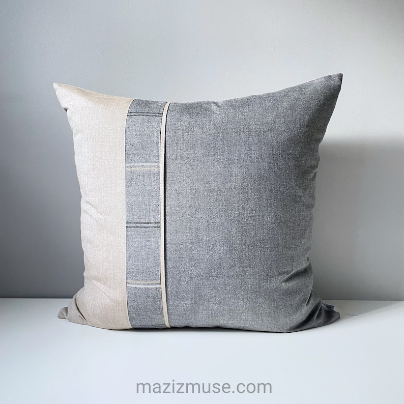 Grey Plaid Sunbrella Pillow Cover, Decorative Outdoor Pillow Cover, Masculine Pillow Cover, Beige & Gray Cushion Cover, Paradigm image 2