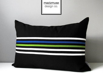 Decorative Outdoor Pillow Cover, Modern Cobalt Blue & Green Pillow Cover, Black White Striped Sunbrella Cushion Cover, Mazizmuse, Align