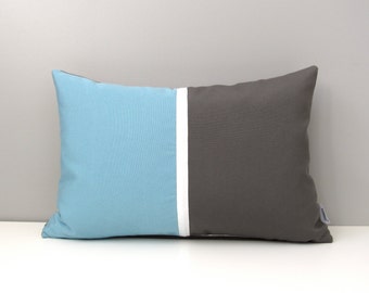 Blue & Grey Outdoor Pillow Cover, Modern Pillow Cover, Decorative Color Block Pillow Cover, Mineral Blue Sunbrella Cushion Cover, Mazizmuse