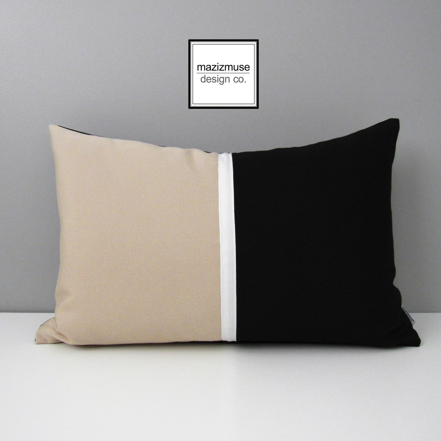 Housse d'oreiller d'extérieur Noire et Beige, Housse Décorative, Bloc de Couleur Moderne, Coussin Su