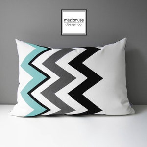 Royal Blue Chevron Pillow Cover, Modern Outdoor Pillow Cover, Decorative Black White Pillow Cover, Blue Sunbrella Cushion Cover, Mazizmuse image 6